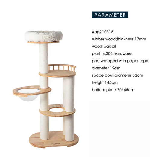 145cm Solid Rubber Wood Cat Tree Tower with Plush Bed, Space Bowl & Scratching Posts