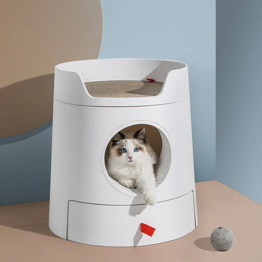 MICHU XL Castle 2-in-1 Front Entry Cat Litter Box with Scratch Basin & Scoop Included, White