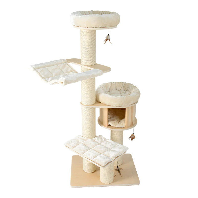 138cm Multi-Level Cat Solid Wood Tree Tower with Plush Beds, Hammock & Scratching Posts