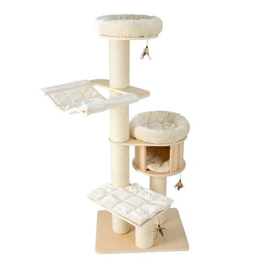 138cm Multi-Level Cat Solid Wood Tree Tower with Plush Beds, Hammock & Scratching Posts