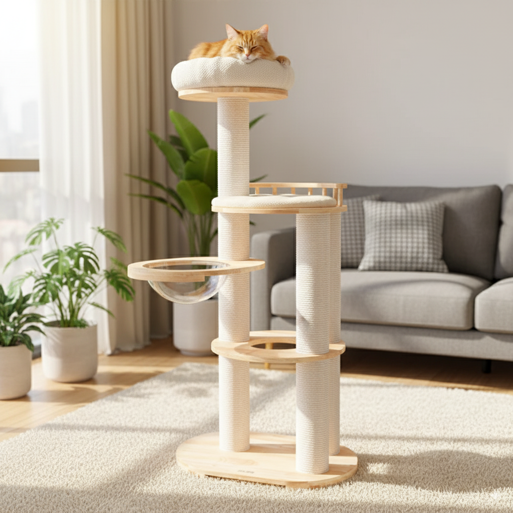 145cm Solid Rubber Wood Cat Tree Tower with Plush Bed, Space Bowl & Scratching Posts