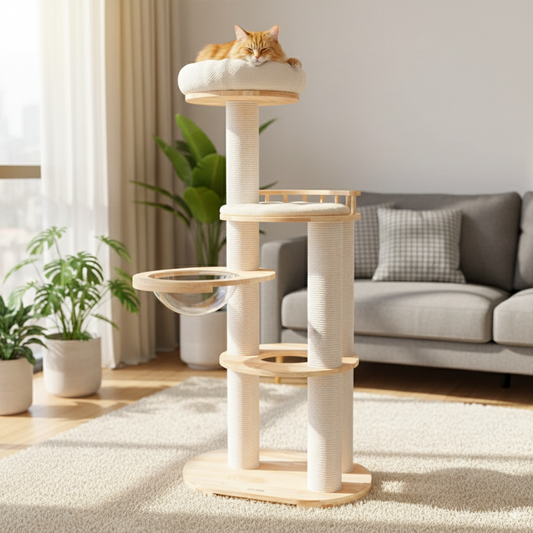 145cm Solid Rubber Wood Cat Tree Tower with Plush Bed, Space Bowl & Scratching Posts
