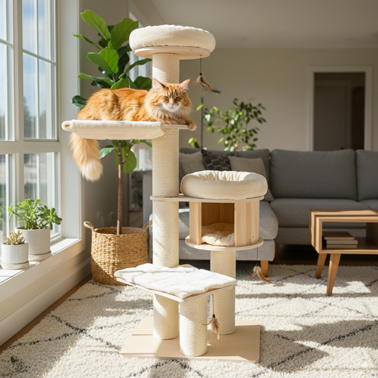 138cm Multi-Level Cat Solid Wood Tree Tower with Plush Beds, Hammock & Scratching Posts